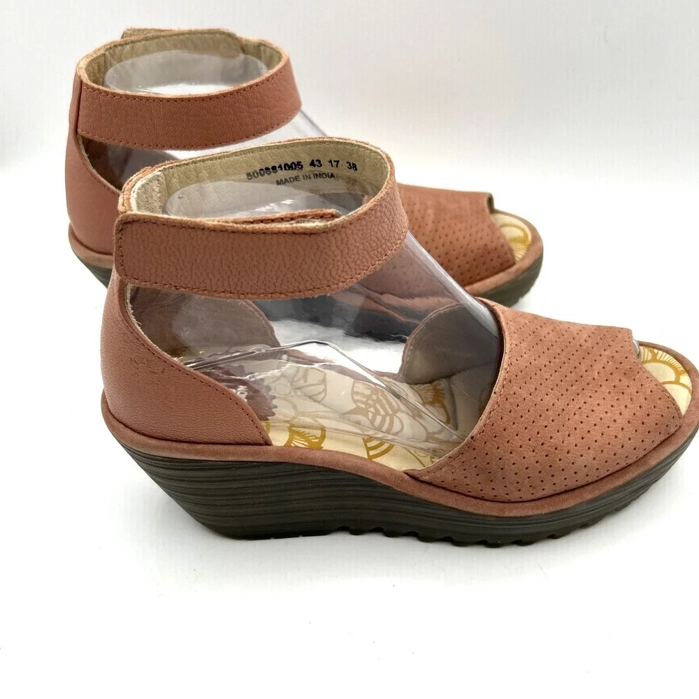 Fly London Wedge Sandals Womens 38 Pink Leather Perforated Ankle Strap Peep Toe